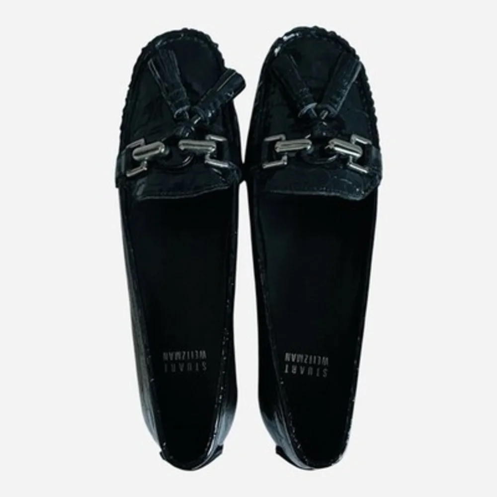 Stuart Weitzman Rascal Black Patent Croc Embossed Tassel Loafers Driving Shoes